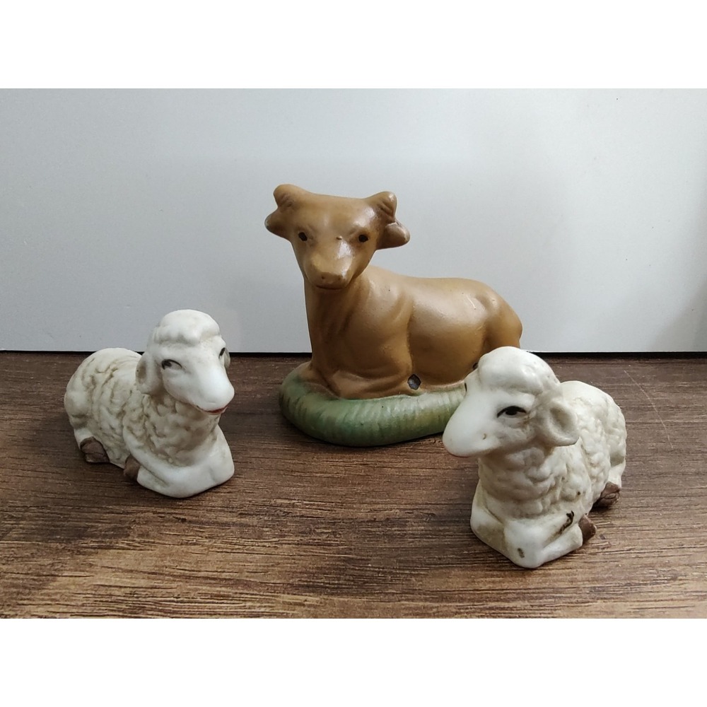 Vtg Ceramic Nativity Replacement Cow Sheep Lot Of 3 Made In Taiwan B1